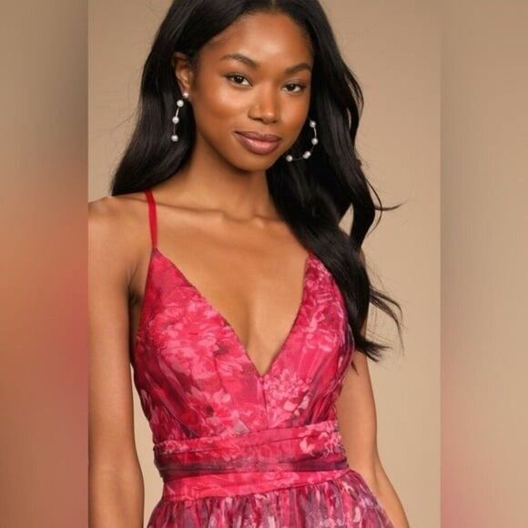 COPY - Lulus Romance That Wows Magenta Floral Print Organza Maxi Dress Size Med… - Picture 13 of 16